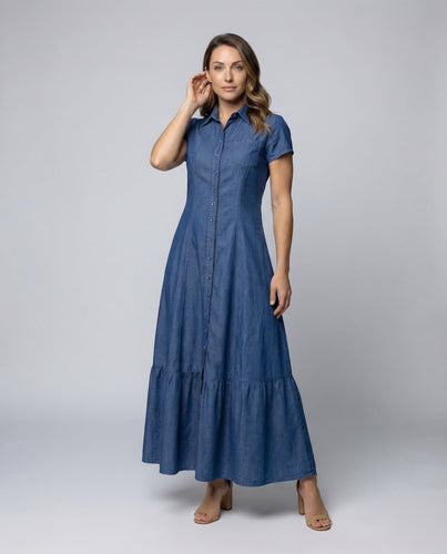 Damen Maxikleid Hemdblusenkragen Stufenvolant