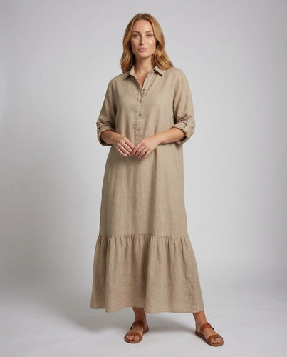 Damen Maxikleid Hemd-Schnitt Volantkante