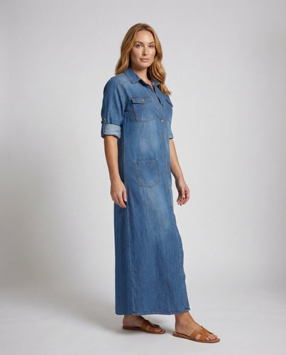 Damen Hemdblusenkleid Jeansstoff Hüfttaschen