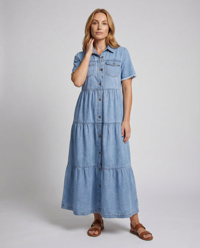 Damen Jeans-Maxikleid Hemdblusenstil Stufenrock