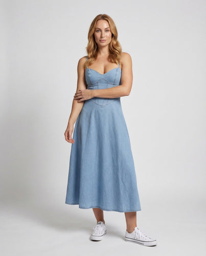 Damen Jeans-Maxikleid Korsettähnliche Nahtführung