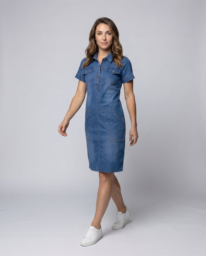 Damen Denim-Hemdkleid Brustpattentaschen Knielang