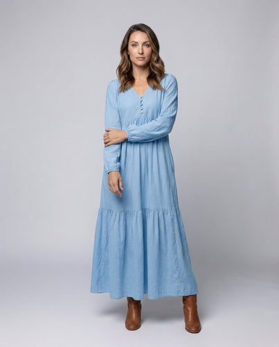 Damen Leinen-Maxi-Kleid Volantstufe Beinschlitz - Arvani