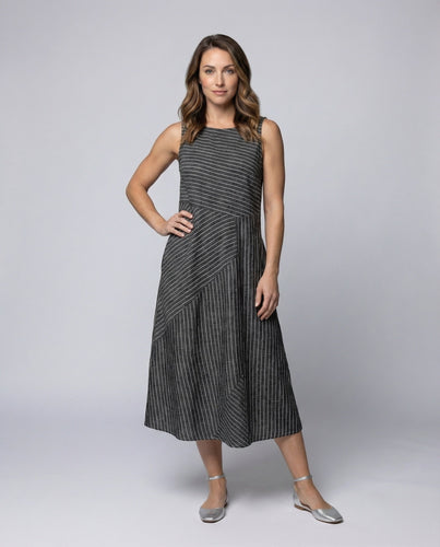 Damen Leinenmix-Midikleid Diagonale Nahtpaneele