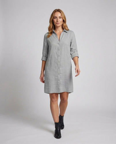 Damen Leinen-Hemdblusenkleid Krempelbare Ärmel