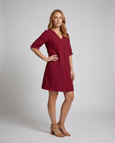Damen Leinen-Midikleid Kellerfalte Dreiviertelärmel
