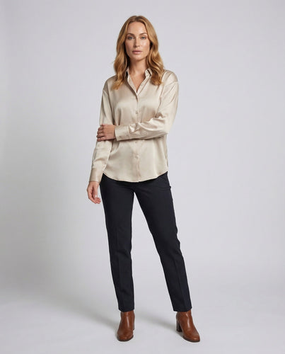 Damen Bluse Seidenähnlicher Stoff Perlmuttknopfleiste