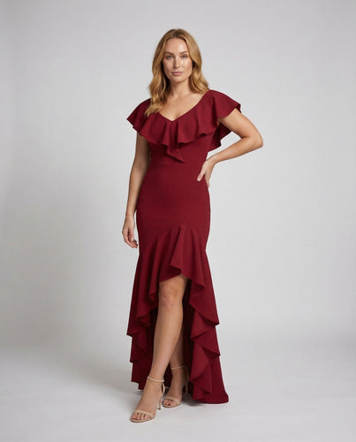Damen Carmen-Abendkleid Mehrlagige Volants