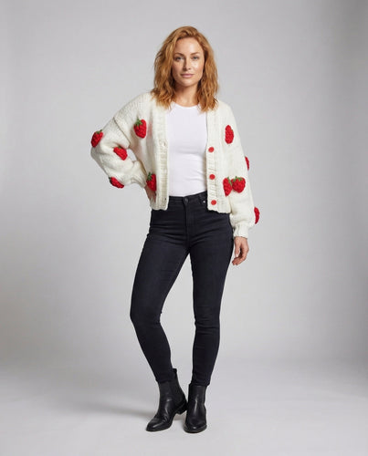 Damen handgestrickte Erdbeer-Strickjacke