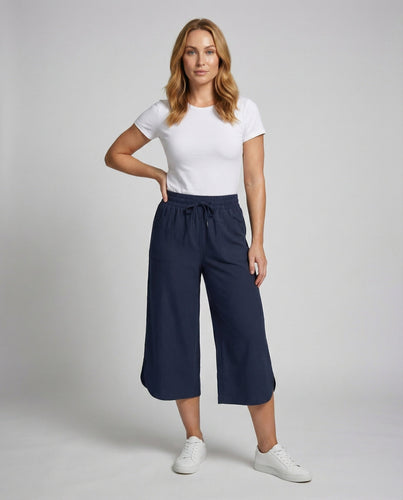 Damen weite Leinenoptik-Culotte mit geschwungenem Saum