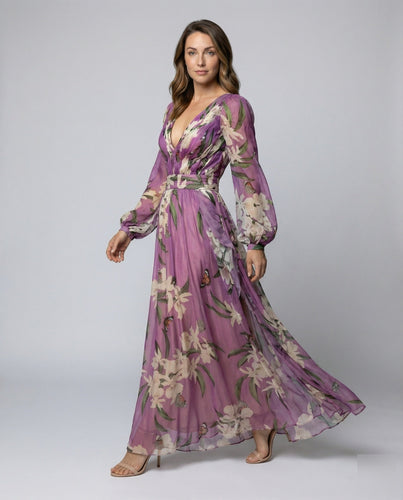 Damen Chiffon-Maxikleid mit Ballonärmeln