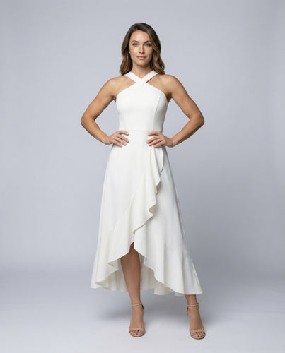 Damen gekreuztes Halter-Cocktailmidikleid mit Volantrock