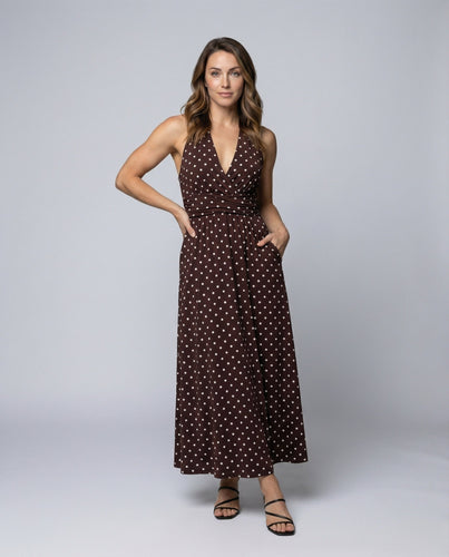 Damen gepunktetes Neckholder-Maxikleid mit Raffung