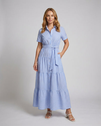 Damen gestreiftes Hemdblusen-Maxikleid mit Stufenrock