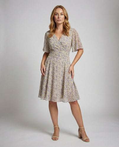 Damen luftiges Chiffon-Swingkleid mit Wickeleffekt