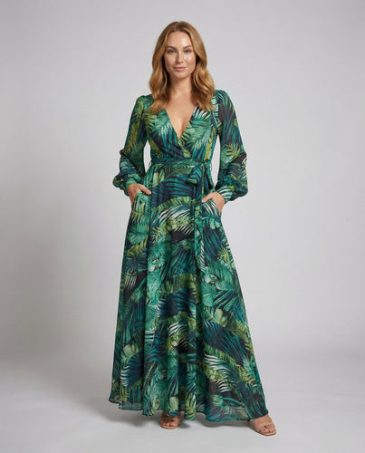 Damen überlappendes Tropen-Maxi-Kleid mit Stufenrock