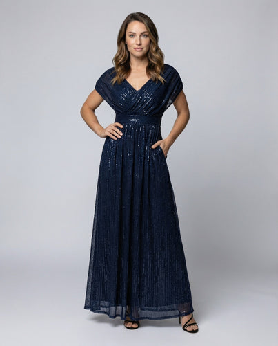 Damen bodenlanges V-Ausschnitt-Abendkleid aus Glanztüll