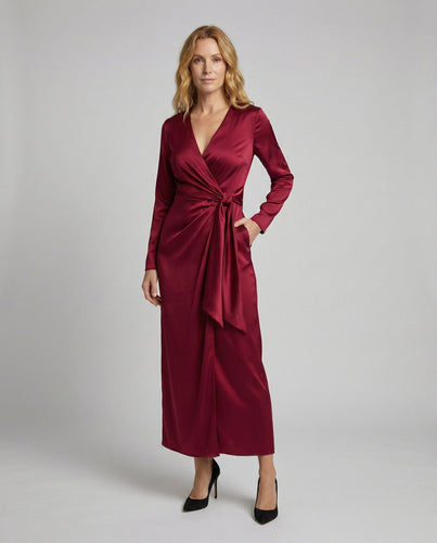 Damen elegantes Satin-Wickelkleid mit Knotentaille