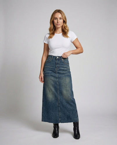 Damen High-Waist-Denim-Rock in Maxi-Länge