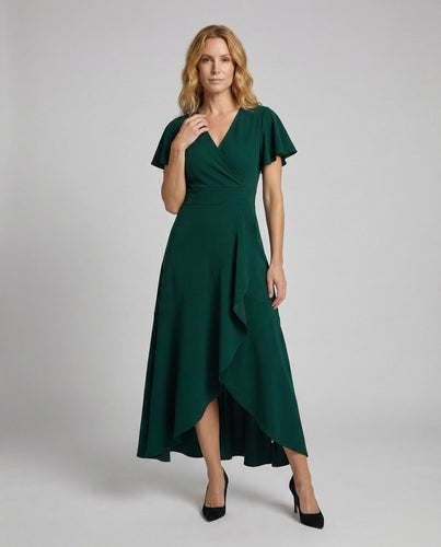 Damen Maxikleid in Wickeloptik mit Volantärmeln Avellé