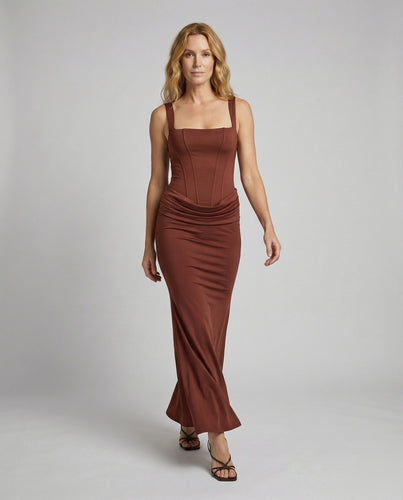 Damen tailliertes Corsage-Maxikleid mit Hüftdrapierung