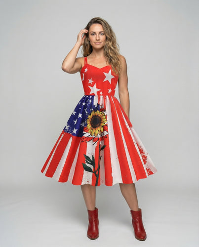 Damen Vintage-Swingkleid mit Flaggen-Sonnenblumenprint
