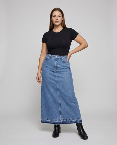 Damen langer Jeansrock mit mittigem Beinschlitz