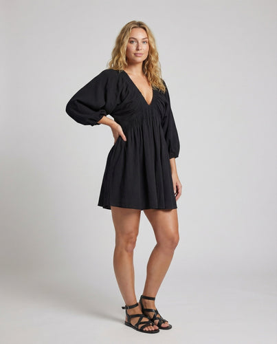 Damen luftiges Babydoll-Minikleid mit Ballonärmeln