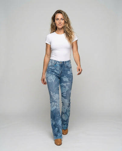 Damen Schlagjeans mit floralem Bleicheffekt
