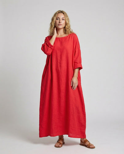 Damen bodenlanges Leinenkleid mit Ballonsaum
