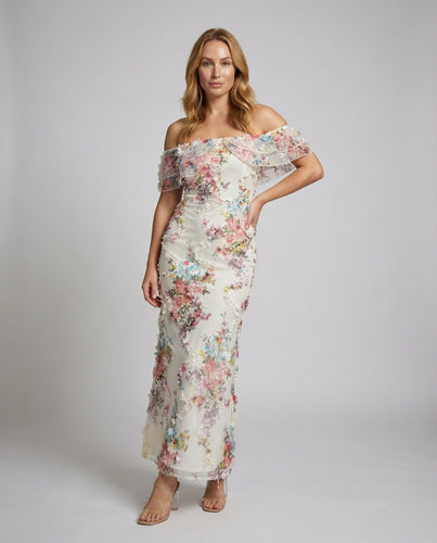Damen Romantische Blumenapplikation Maxikleid