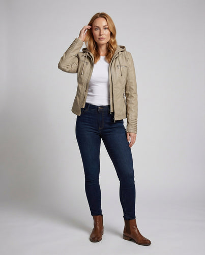 Damen Biker-Kunstlederjacke Tailliert Kapuze
