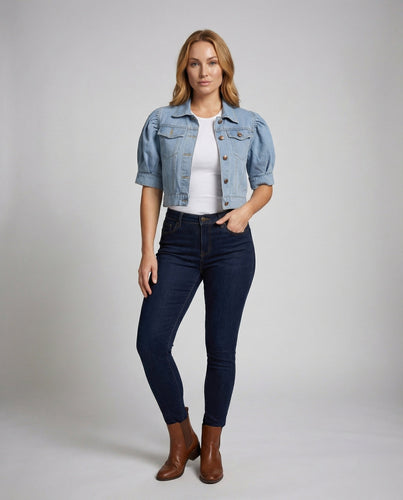 Damen Kurzjeansjacke Tailliert Puffärmel