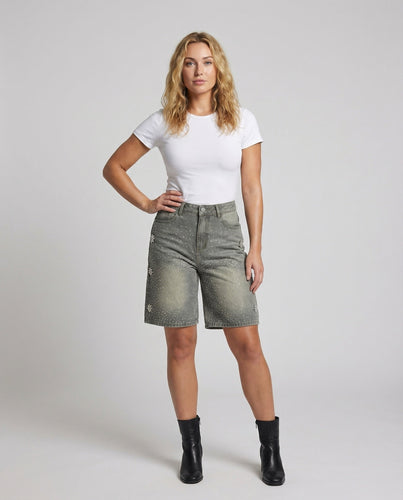 Damen Jeansbermuda Veredelt Strass Kristall