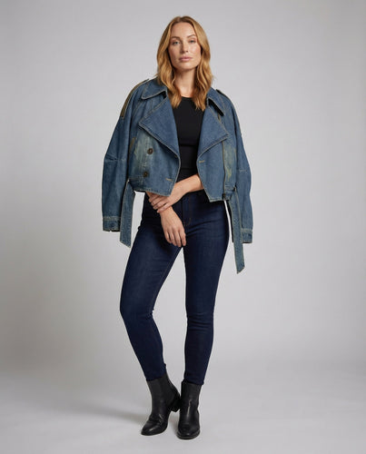 Damen Oversize-Denimjacke Verkürzt Revers Gürtel