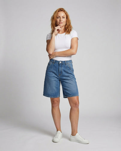 Damen Denim-Bermuda Weit High Waist Bundfalten