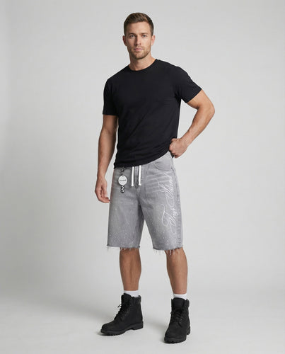 Herren Denim-Bermuda Weit Fransen Kordelzug
