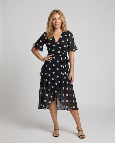 Damen Gepunktetes Wickelmidikleid mit Volants