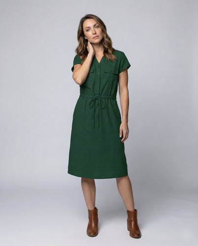 Damen Leinenmix Tunnelzug Hemd-Midikleid