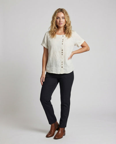 Damen Asymmetrische Zierknopf Leinenoptik-Bluse