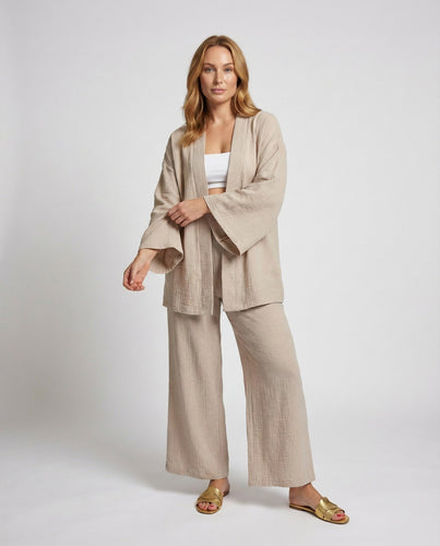 Damen Leinenmix Kimono-Hosen Ensemble
