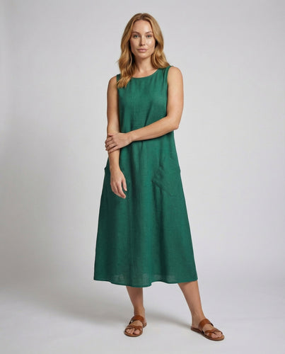 Damen nan ärmelloses A-Linien‑Maxikleid mit aufgesetzten Diagonaltaschen und strukturierter Leinenoptik