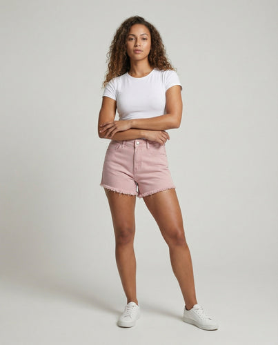 Damen nan hochgeschnittene Denim-Shorts mit ausgefranstem Doppelstufen-Saum und taillenbetonter Passform