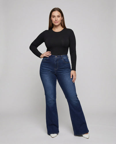 Damen nan hochgeschnittene Schlagjeans mit formendem Taillenbund, elastischem Jeansstoff und ausgestelltem Bein Nord Taschen