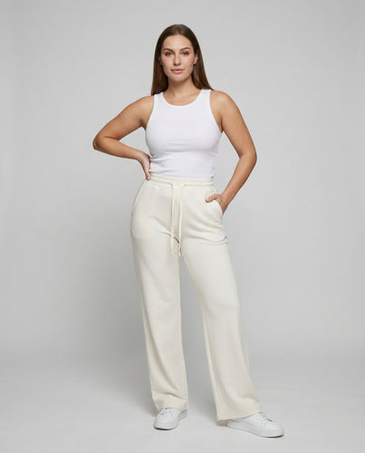 Damen nan hochgeschnittene weite Palazzo-Loungehose aus weichem Jersey mit Kordelzug