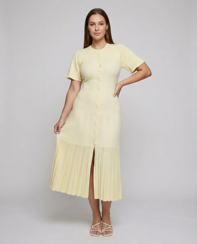Damen nan knopfbesetztes Rippstrick-Midikleid mit figurbetonter Oberweite, ausgestelltem Plisseesaum und Pointelle-Details Nord Taschen