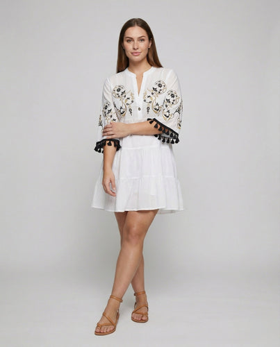 Damen nan kurz geschnittenes Tunika-Kleid mit orientalischer Stickerei, Glockenärmeln und Quastenbesatz