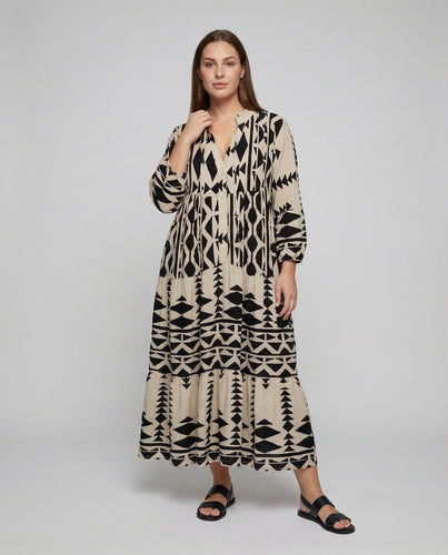 Damen nan langes Tunikakleid mit grafischem Blockprint, V-Ausschnitt, verdeckter Knopfleiste und Ballonärmeln