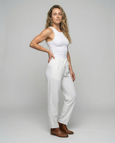 Damen nan leichte Freizeithose in Leinenoptik mit elastischem Kordelbund, geradem Bein und Eingrifftaschen