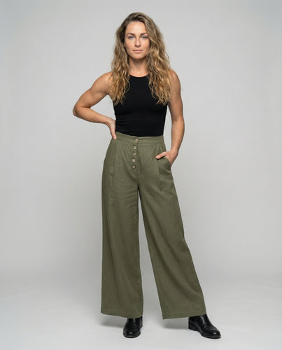 Damen nan Leinen-Marlenehose mit hoher Taille, sichtbarer Knopfleiste und Bundfalten